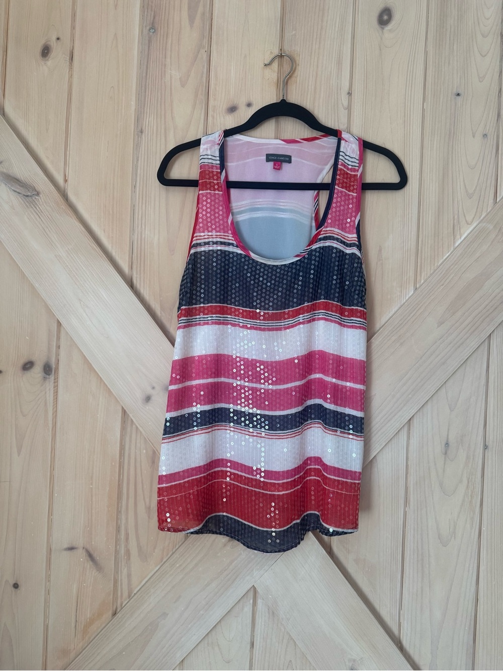 Vince Camuto Sequin Striped Sleeveless Blouse Tank Top Pink Navy White Size Sm
